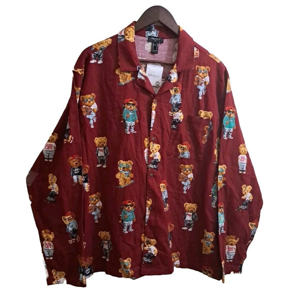 Forever 21 Men's Teddy Bear Print Pajamas Top XL Flannel Lounge Sleep Shirt NWT